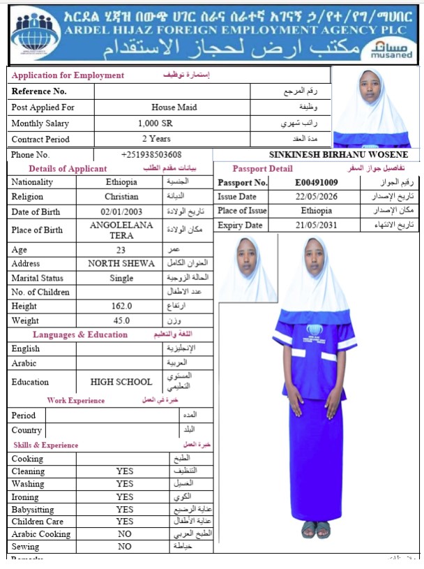 السيرة الذاتية لـ SINKINESH BIRHANU WOSENE
